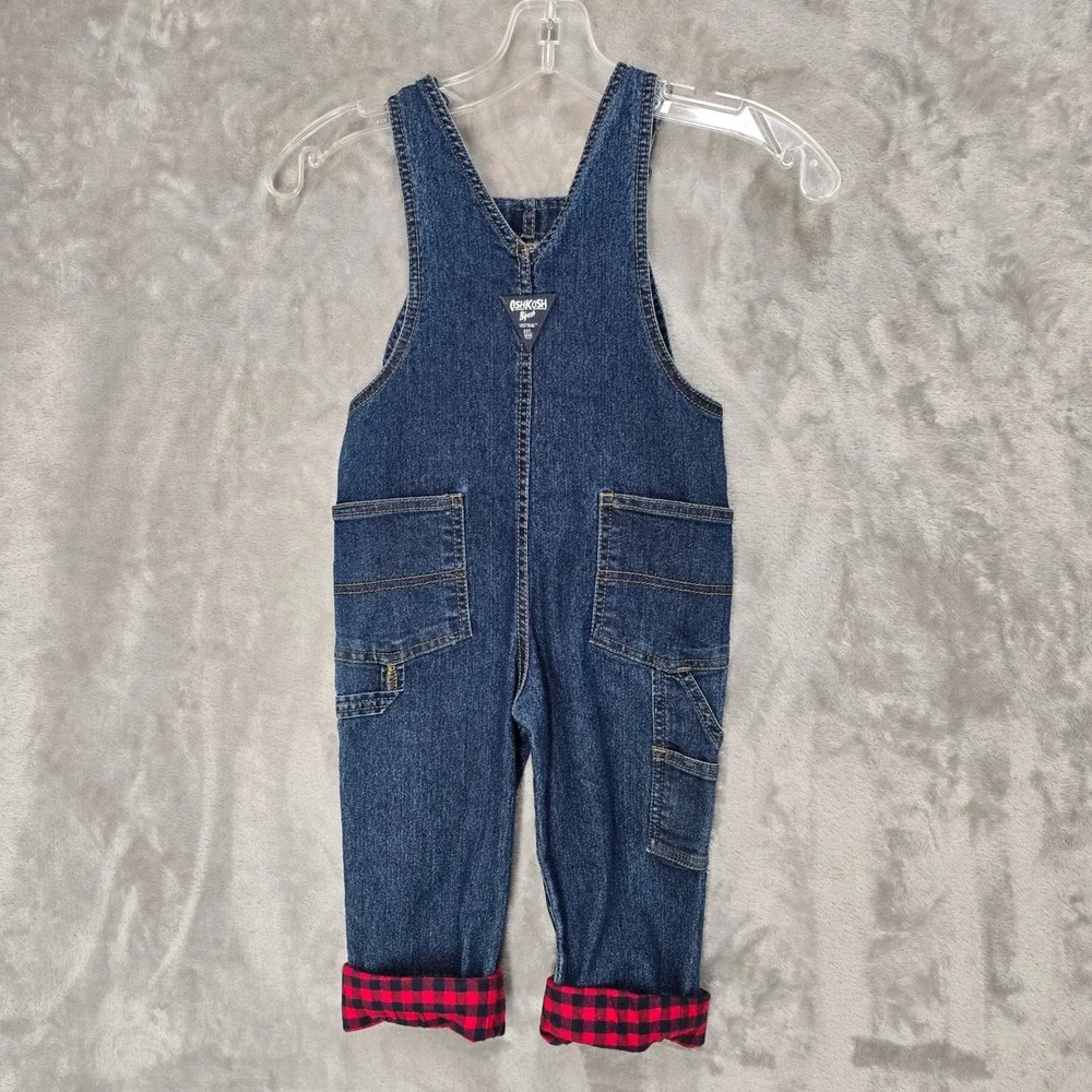 OshKosh B'gosh Overalls Toddler 3T Blue Denim Red Buffalo Plaid Lined Farm
